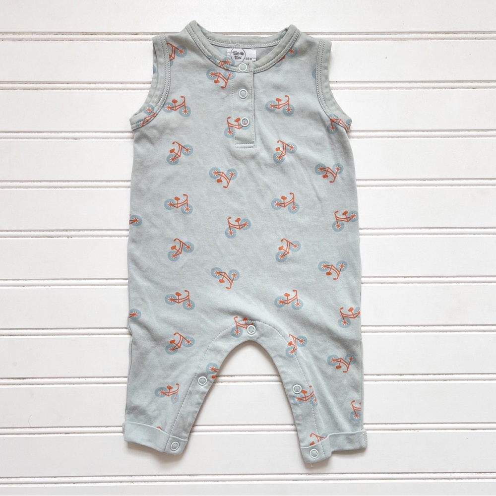 TUN TUN VGUC Boys Muted Seafoam Blue Pima Cotton Minimalist Bike Print Romper